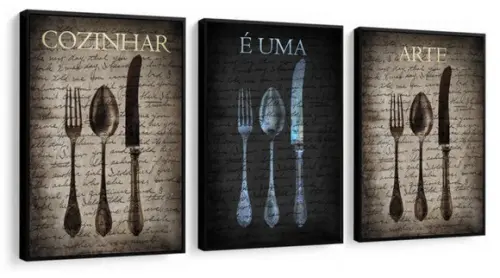 Kit 3 Quadros Cozinha Restaurante Decoração Vintage Molduras