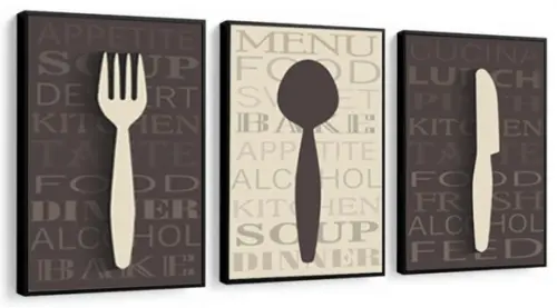 Kit 3 Quadros Cozinha Restaurante Talheres Decoração Moldura