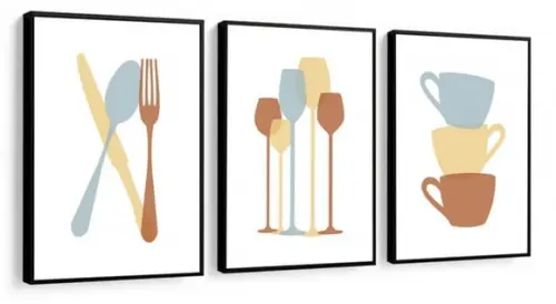 Kit 3 Quadros Cozinha Talheres Decoração Casa com Molduras