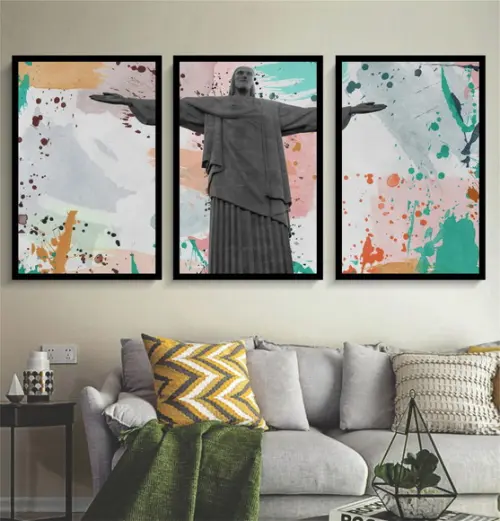 Kit 3 Quadros Cristo Redentor Colorido Decoração Com Moldura