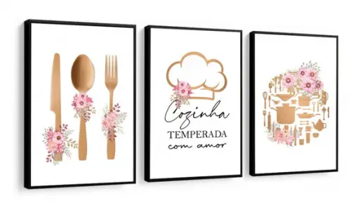 Kit 3 Quadros Cozinha Talheres Decoração Restaurante Moldura