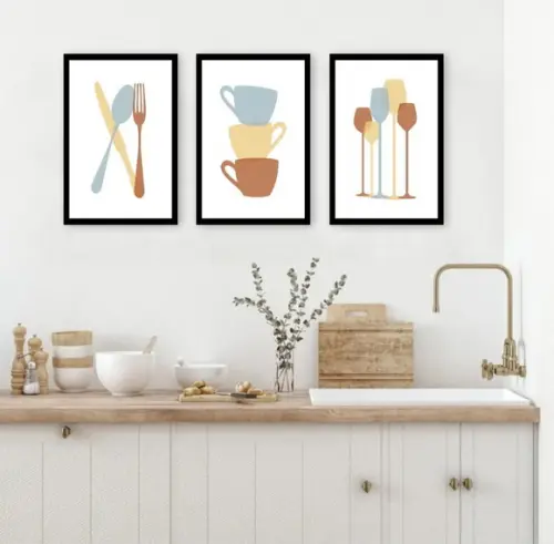 Kit 3 Quadros Cozinha Talheres Decoração Casa com Molduras