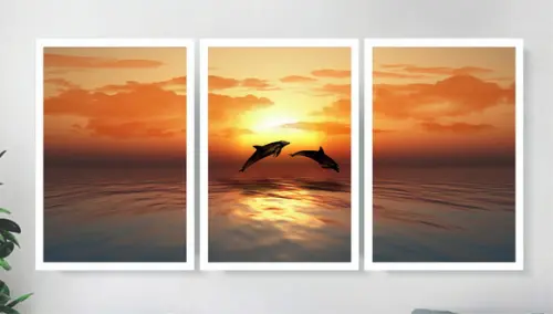 Kit 3 Quadros De Decoração Para Sala Praia Golfinhos Moldura