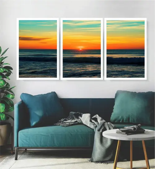Kit 3 Quadros De Decoração Praia Paisagem Pôr Do Sol Moldura