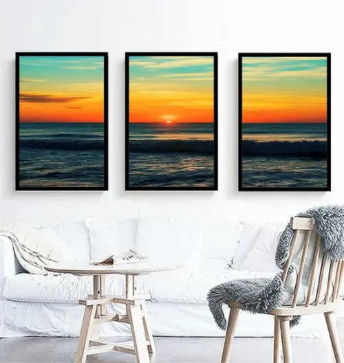 Kit 3 Quadros De Decoração Praia Pôr Do Sol Paisagem Moldura