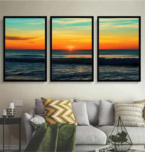 Kit 3 Quadros De Decoração Praia Pôr Do Sol Paisagem Moldura
