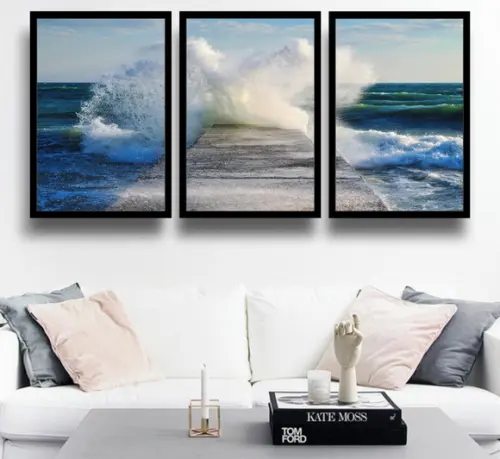 Kit 3 Quadros Deck Onda Mar Decoração Praia Conjunto Moldura