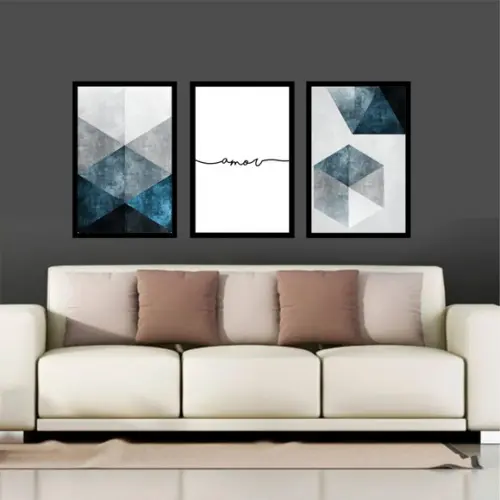 Kit 3 Quadros Decoração Abstrato Geométrico Amor, Tons Azuis