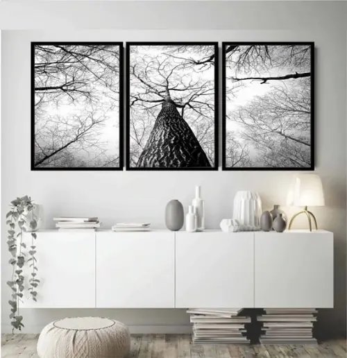 Kit 3 Quadros Decoração Arvore Preto e Branco Galhos Moldura
