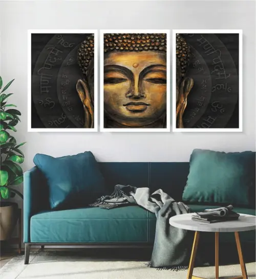 Kit 3 Quadros Decoração Buda Meditação Conjunto Com Moldura