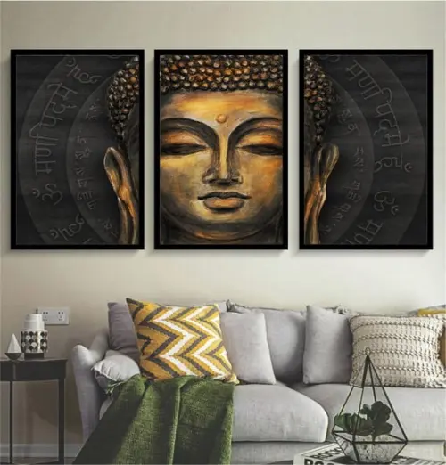 Kit 3 Quadros Decoração Buda Meditação Conjunto Com Moldura