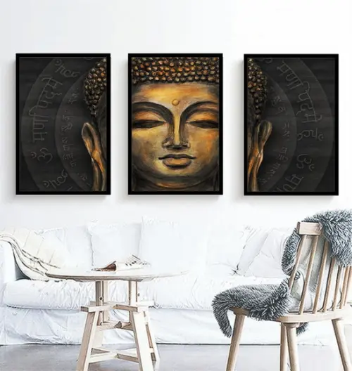 Kit 3 Quadros Decoração Buda Meditação Conjunto Com Moldura
