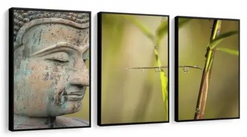 Kit 3 Quadros Decoração Buda Paisagem Conjunto Com Molduras