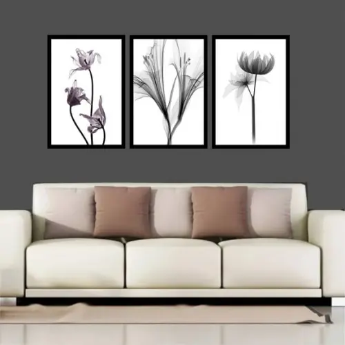 Kit 3 Quadros Decoração Flores Minimalista Preto e Branco