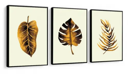 Kit 3 Quadros Decoração Folhagem Dourada Casa Sala Molduras