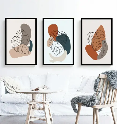 Kit 3 Quadros Decoração Para Sala Folhagem Desenho Moldura