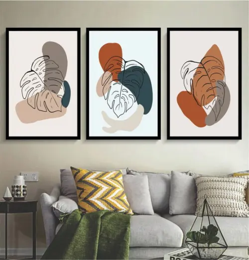 Kit 3 Quadros Decoração Para Sala Folhagem Desenho Moldura