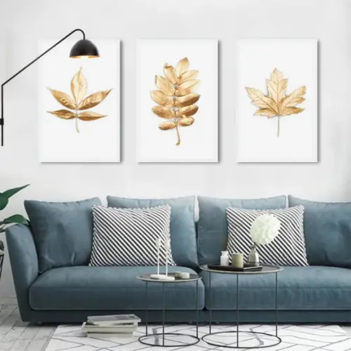 Kit 3 Quadros Decoração Para Sala Folhagem Dourada Molduras