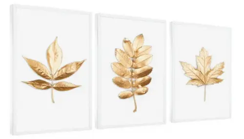 Kit 3 Quadros Decoração Para Sala Folhagem Dourada Molduras