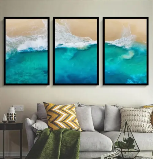 Kit 3 Quadros Decoração Praia Paisagem Mar Conjunto Molduras