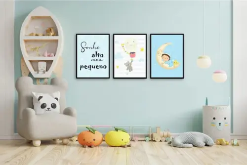 Kit 3 Quadros Decoração Quarto Menino Oração Anjinho Moldura