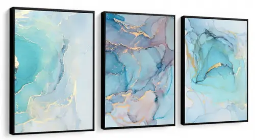 Kit 3 Quadros Decorativos Abstrato Azul Dourado Sala Quarto