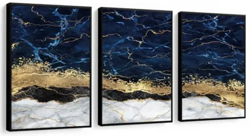 Kit 3 Quadros Decorativos Abstrato Azul Dourado Sala Quarto
