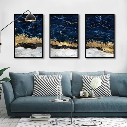 Kit 3 Quadros Decorativos Abstrato Azul Dourado Sala Quarto