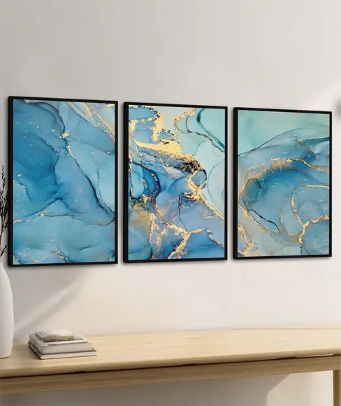 Kit 3 Quadros Decorativos Abstrato Azul e Dourado para Sala