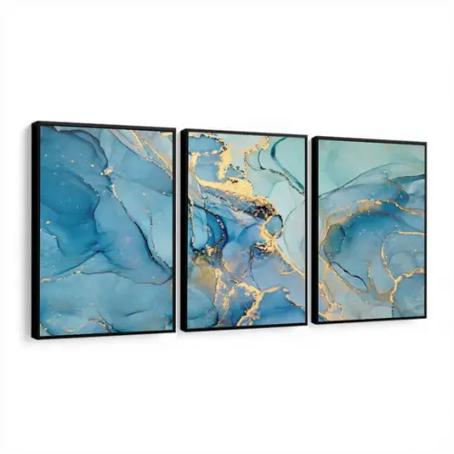 Kit 3 Quadros Decorativos Abstrato Azul e Dourado Moldura