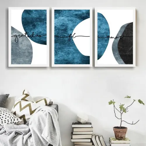 Kit 3 Quadros Decorativos Abstrato Azul Frases Com Moldura