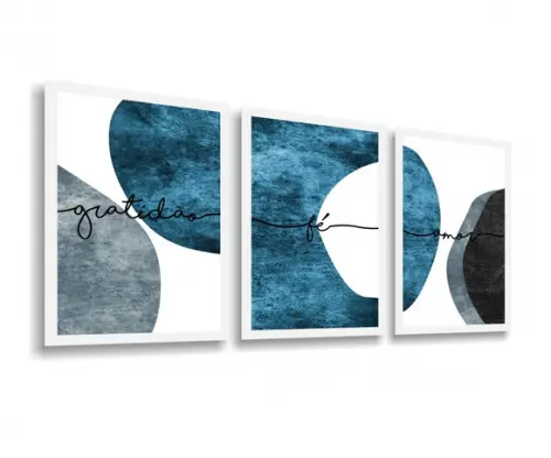 Kit 3 Quadros Decorativos Abstrato Azul Frases Com Moldura