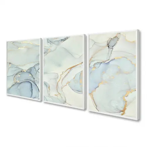 Kit 3 Quadros Decorativos Abstrato Azul Gold Claro Moldura