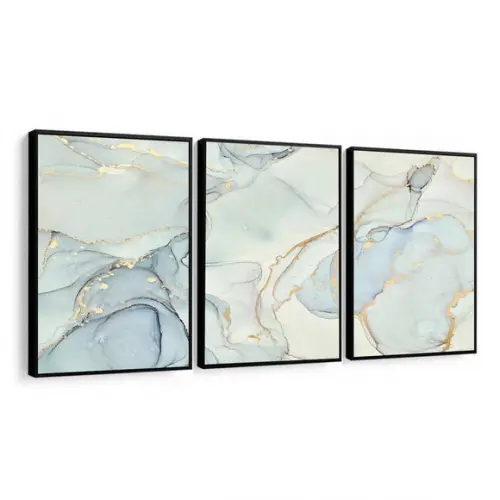Kit 3 Quadros Decorativos Abstrato Azul Gold Moderno Moldura