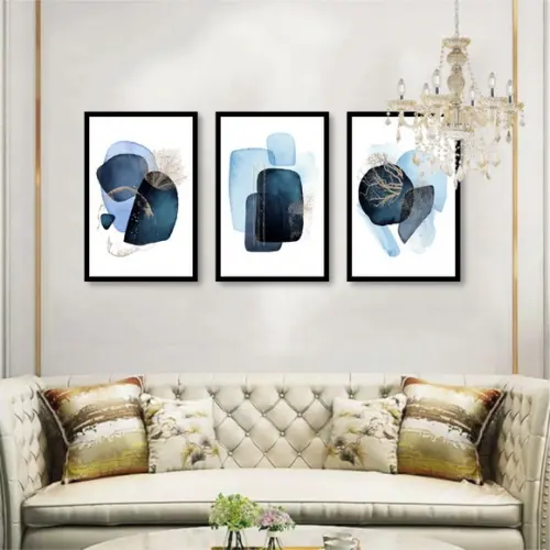 Kit 3 Quadros Decorativos Abstrato Azul Para Sala Moldura