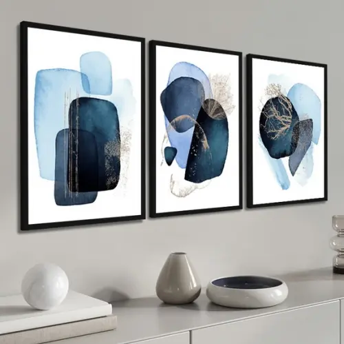 Kit 3 Quadros Decorativos Abstrato Azul Para Sala Moldura