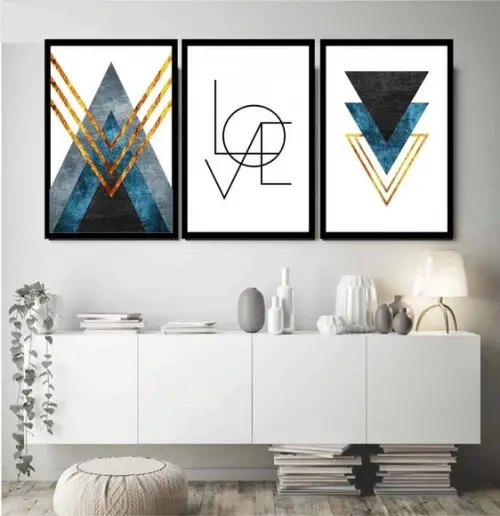 Kit 3 Quadros Decorativos Abstrato Azul Para Sala Moldura
