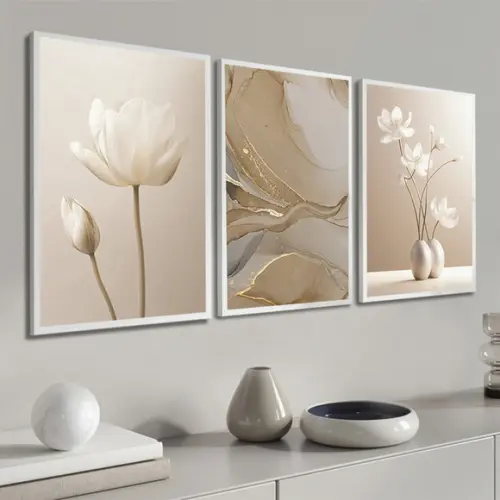 Kit 3 Quadros Decorativos Abstrato Bege Boho Flores Moldura