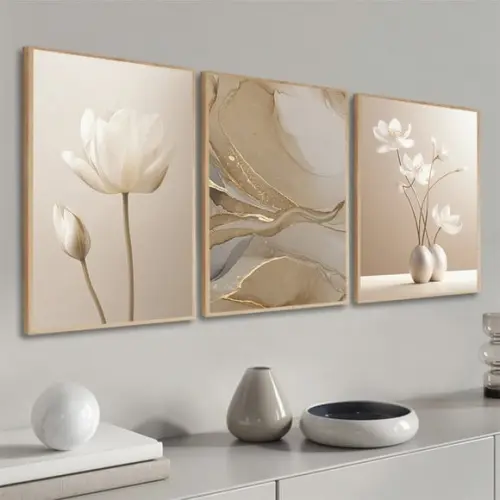 Kit 3 Quadros Decorativos Abstrato Boho Flores Bege Moldura