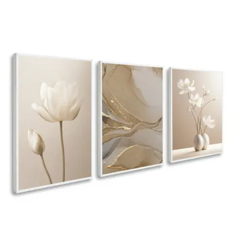 Kit 3 Quadros Decorativos Abstrato Bege Boho Flores Moldura