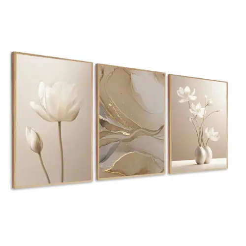 Kit 3 Quadros Decorativos Abstrato Boho Flores Bege Moldura