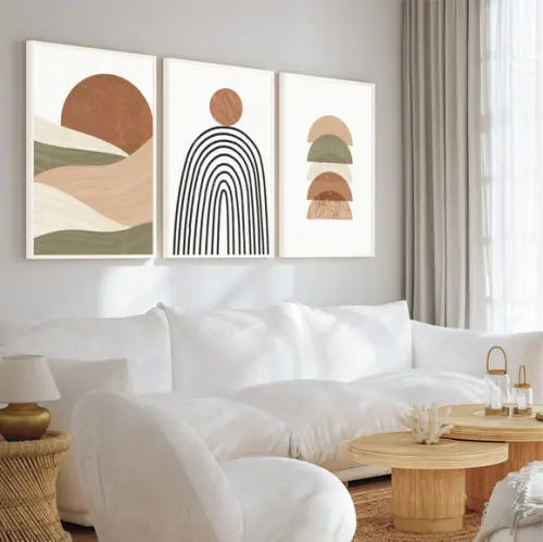 Kit 3 Quadros Decorativos Abstrato Boho Geométrico Moldura
