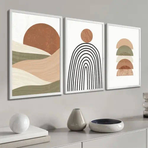 Kit 3 Quadros Decorativos Abstrato Boho Geométrico Moldura