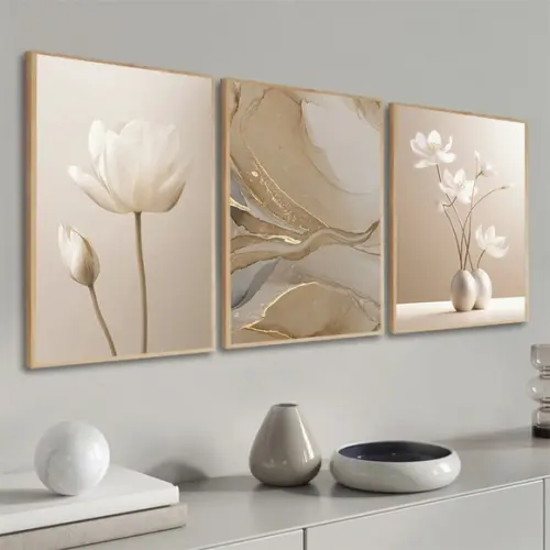 Kit 3 Quadros Decorativos Abstrato Boho Moldura e Vidro
