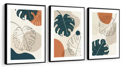 Kit 3 Quadros Decorativos Abstrato Desenho Folhagem Moldura