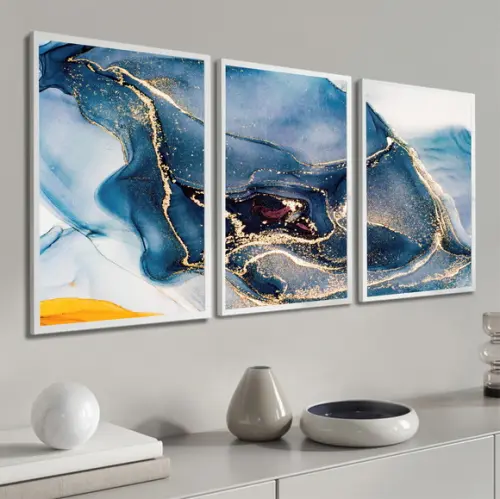 Kit 3 Quadros Decorativos Abstrato Dourado Azul Com Moldura