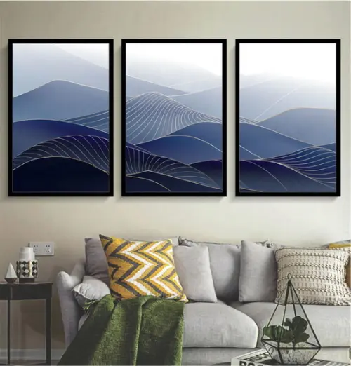 Kit 3 Quadros Decorativos Abstrato Dourado Onda Azul Moldura