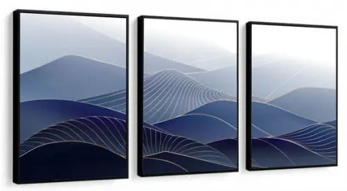 Kit 3 Quadros Decorativos Abstrato Dourado Onda Azul Moldura