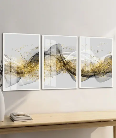 Kit 3 Quadros Decorativos Abstrato Dourado Moldura e Vidro