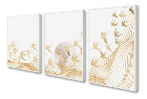 Kit 3 Quadros Decorativos Abstrato Dourado Pássaros Moldura